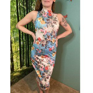 Floral Rose Sleeveless High-Neck Bodycon Mid-Length Dress